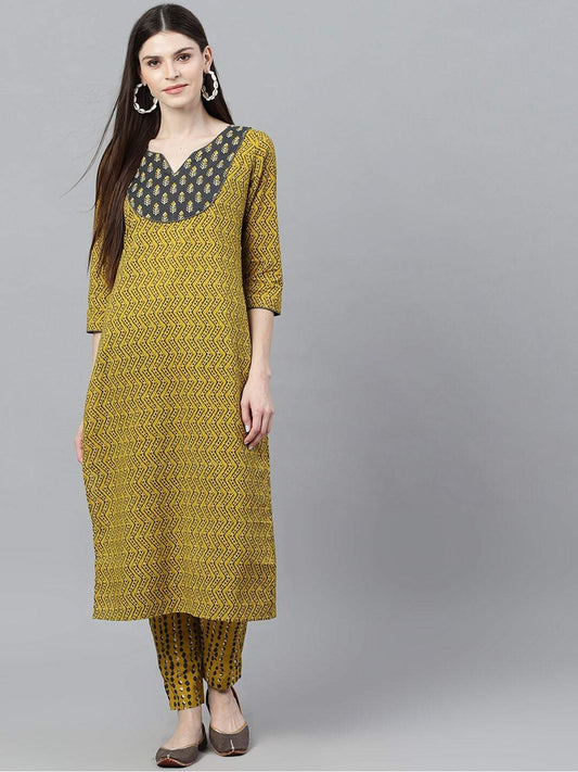 Women's  Mustard & Grey Printed A-Line Kurta