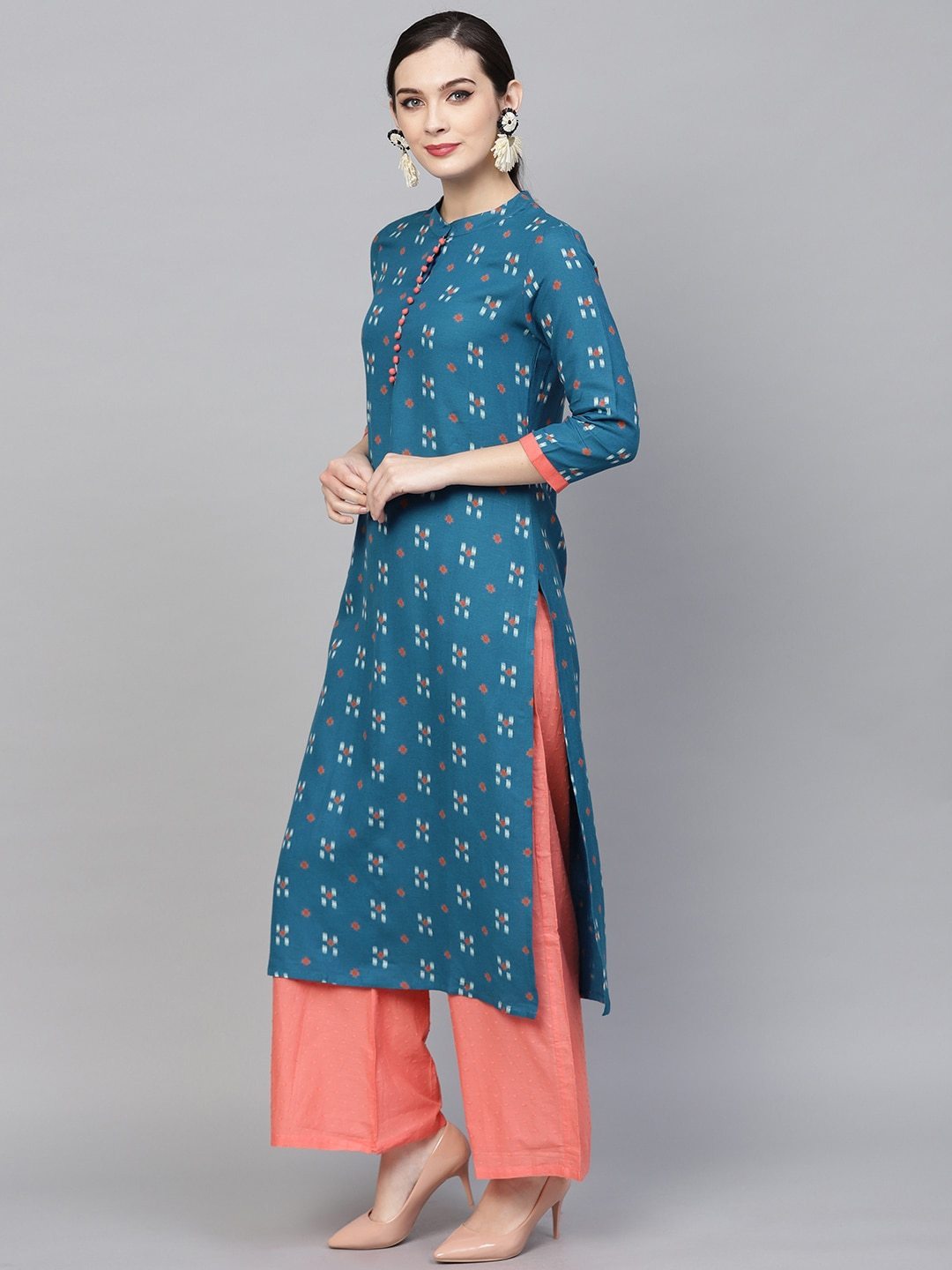 Women's  Teal Blue Printed Straight Kurta