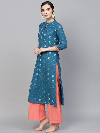 Women's  Teal Blue Printed Straight Kurta