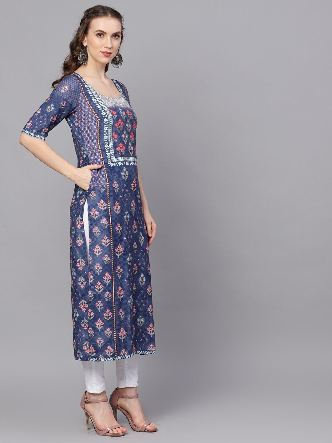 Women's  Blue Printed A-Line Kurta
