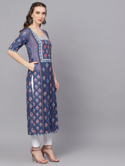 Women's  Blue Printed A-Line Kurta