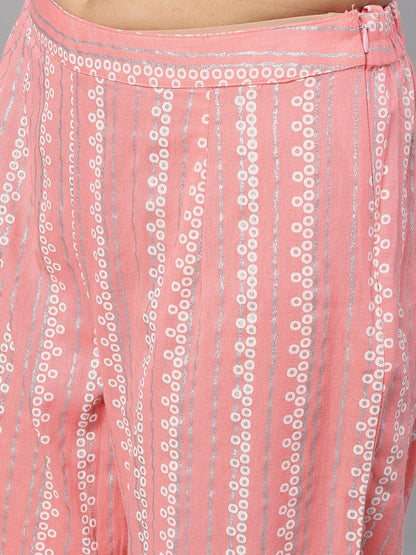 Women's  Peach-Coloured & Silver-Toned Printed Kurti with Palazzos
