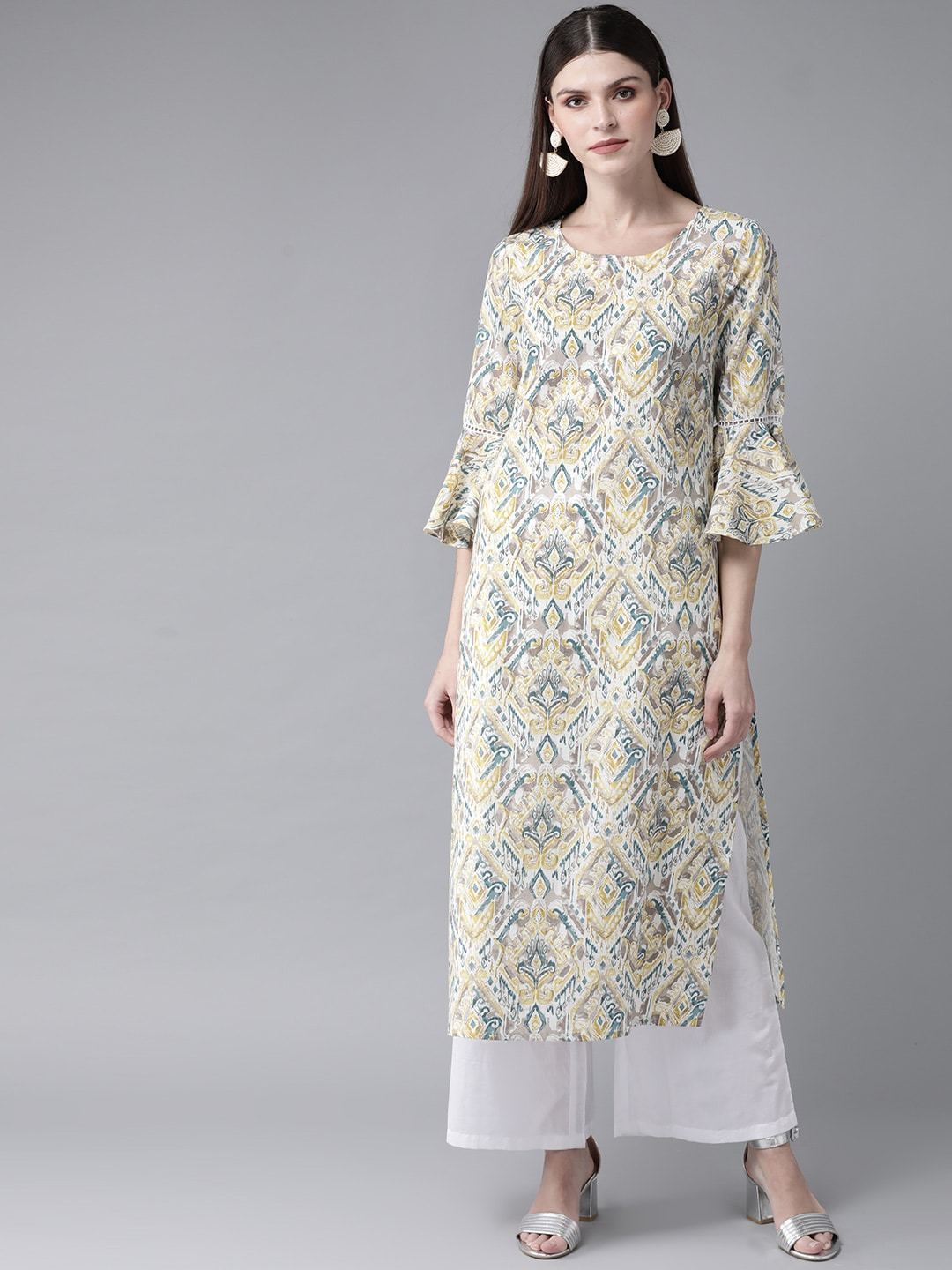 Women's  White & Grey Printed Straight Kurta