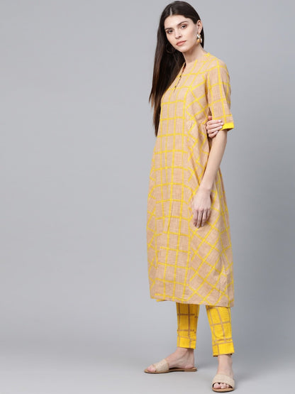 Women's  Beige & Mustard Yellow & Beige Checked Kurta with Trousers