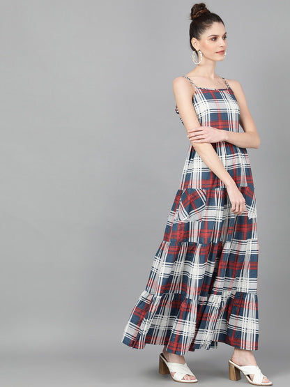 Women's  Blue & Red Checked Maxi Dress