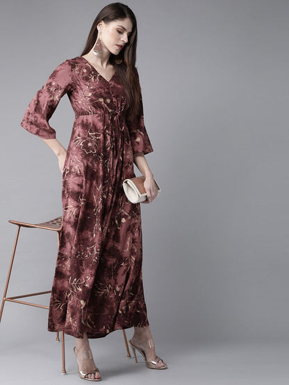 Women's  Mauve & Golden Printed Maxi Dress