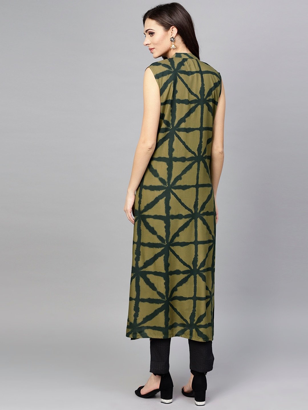 Women's  Olive Green Printed Sleeveless Straight Kurta