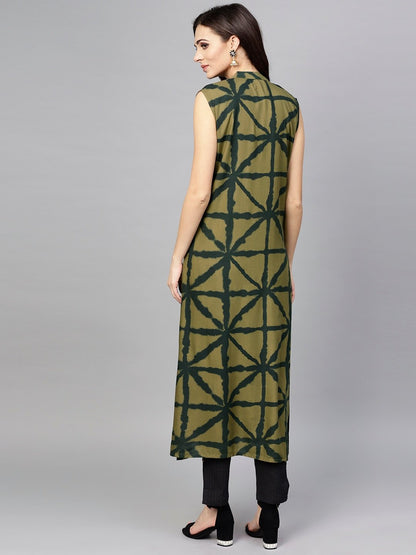 Women's  Olive Green Printed Sleeveless Straight Kurta