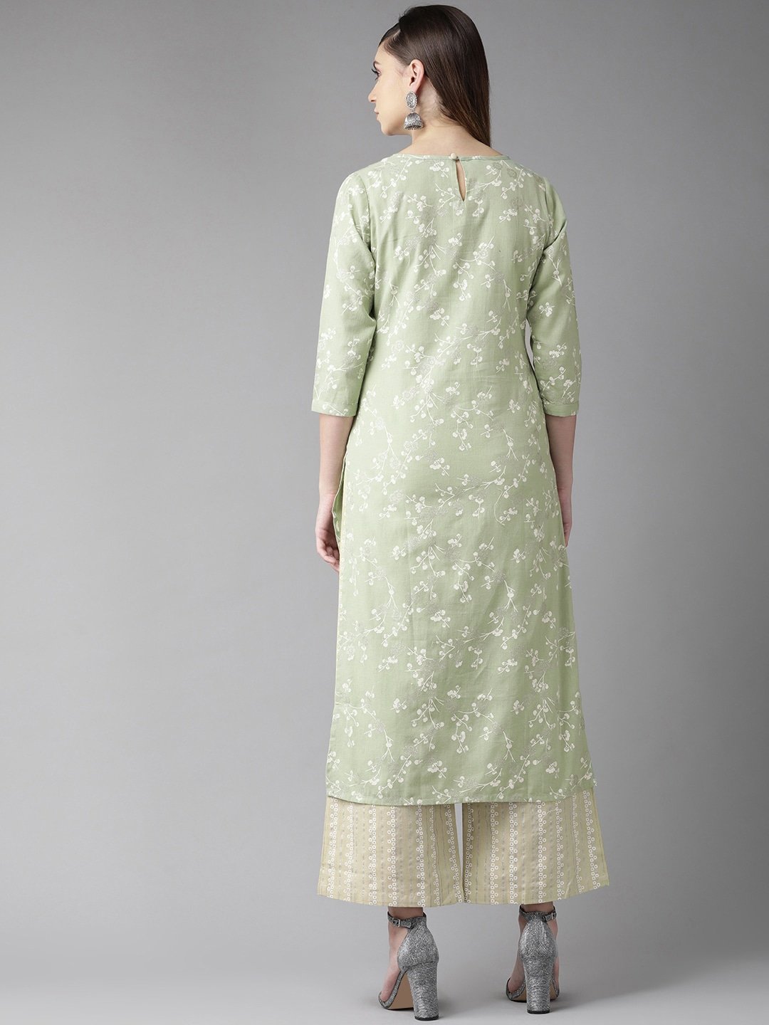Women's  Green & White Floral Printed Straight Kurta