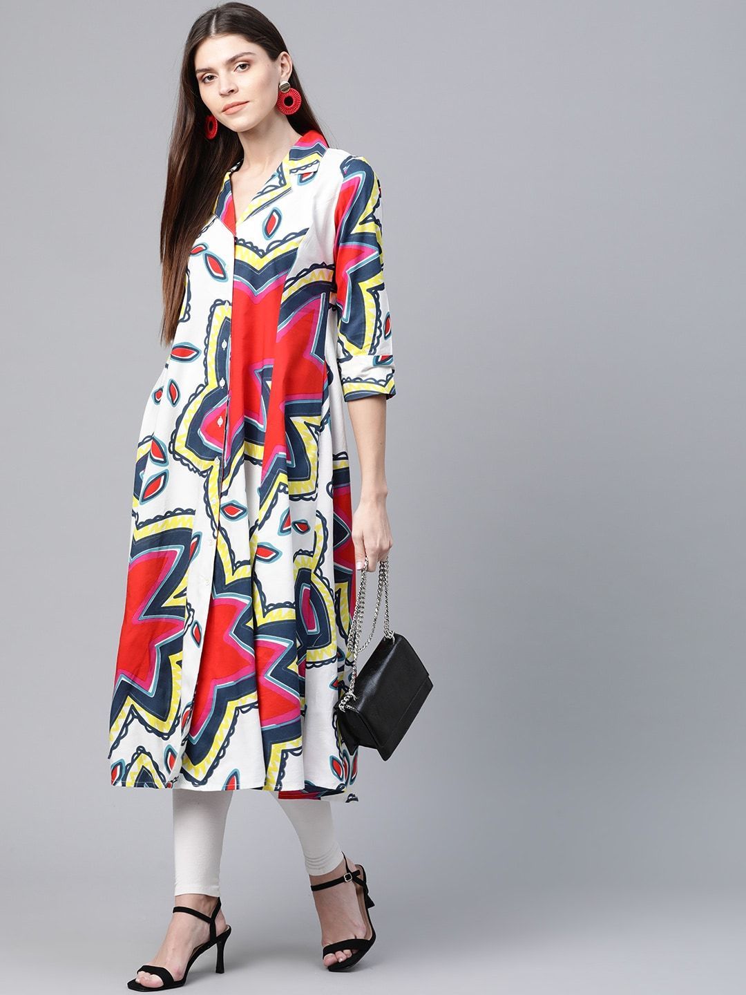 Women's  White & Red Printed A-Line Kurta