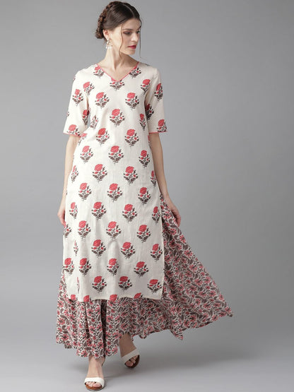 Women's  White & Pink Screen Print Kurta with Skirt