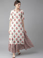 Women's  White & Pink Screen Print Kurta with Skirt