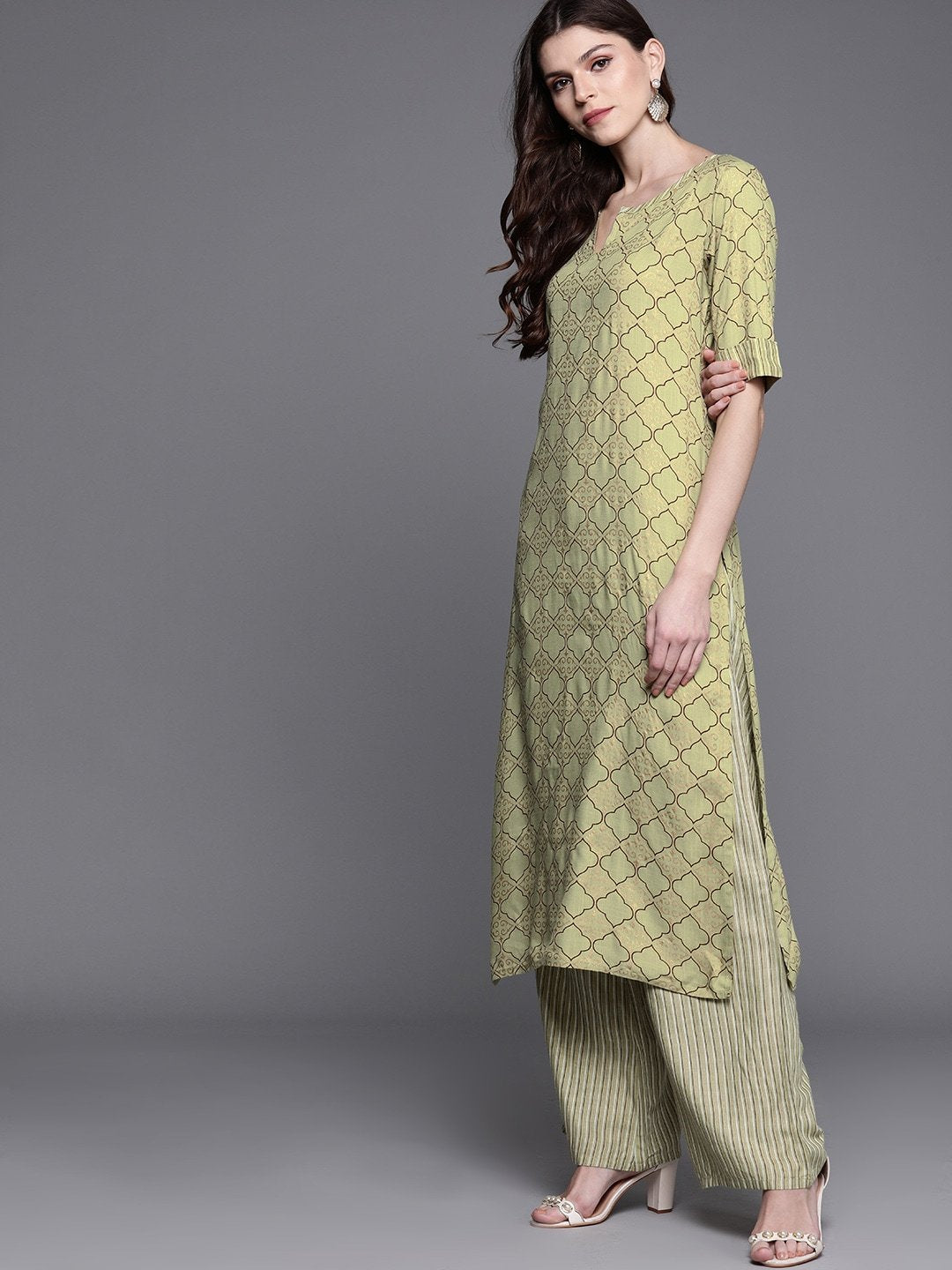 Women's  Green & Golden Printed Kurta with Palazzos