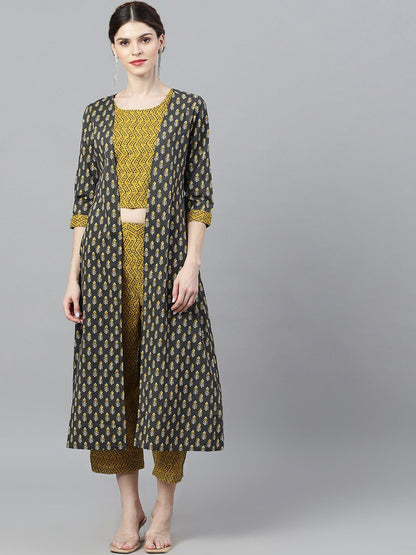 Women's Mustard & Grey Printed Top & Capri With Jacket