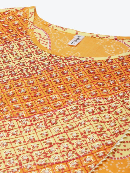 Women's Yellow & White Bandhani Printed Kurta Set