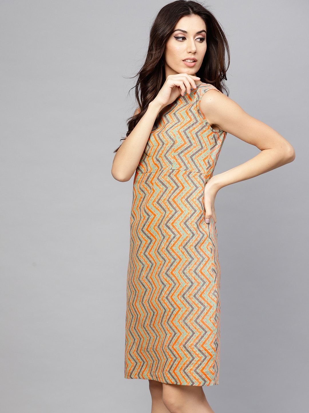 Women's  Sea Green & Orange Chevron Print Sheath Dress