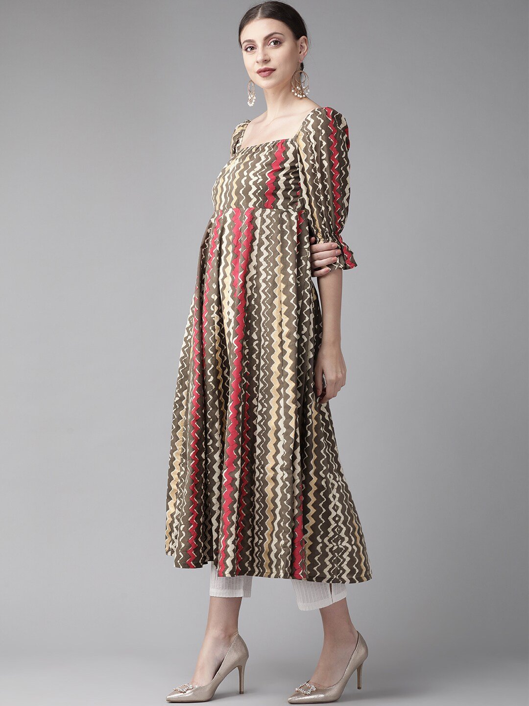 Women's  Brown & Red Striped Anarkali Kurta