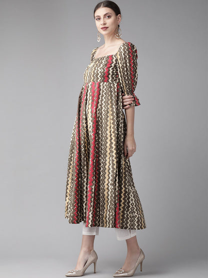 Women's  Brown & Red Striped Anarkali Kurta