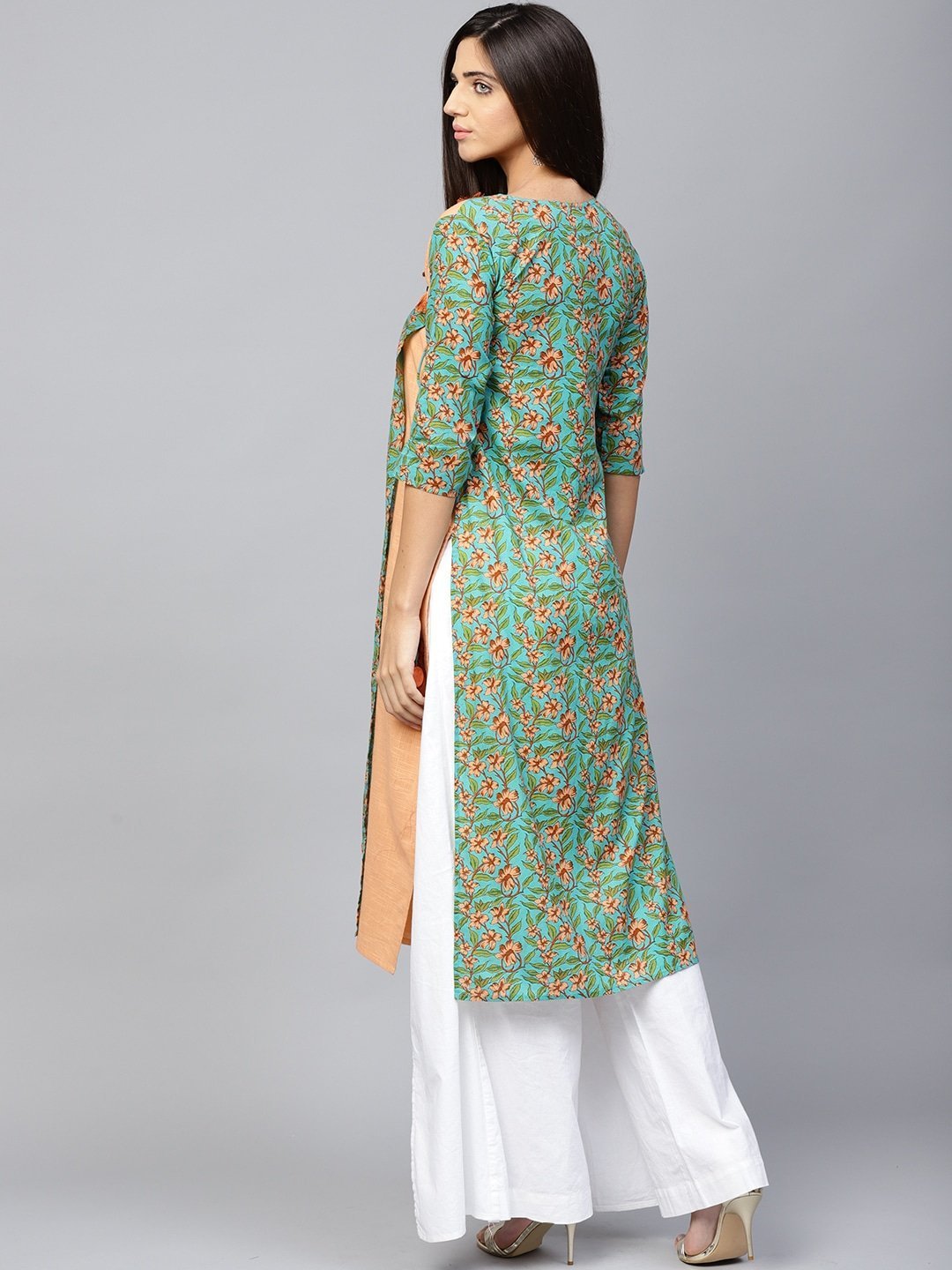 Women's Green & Peach Printed Kurta
