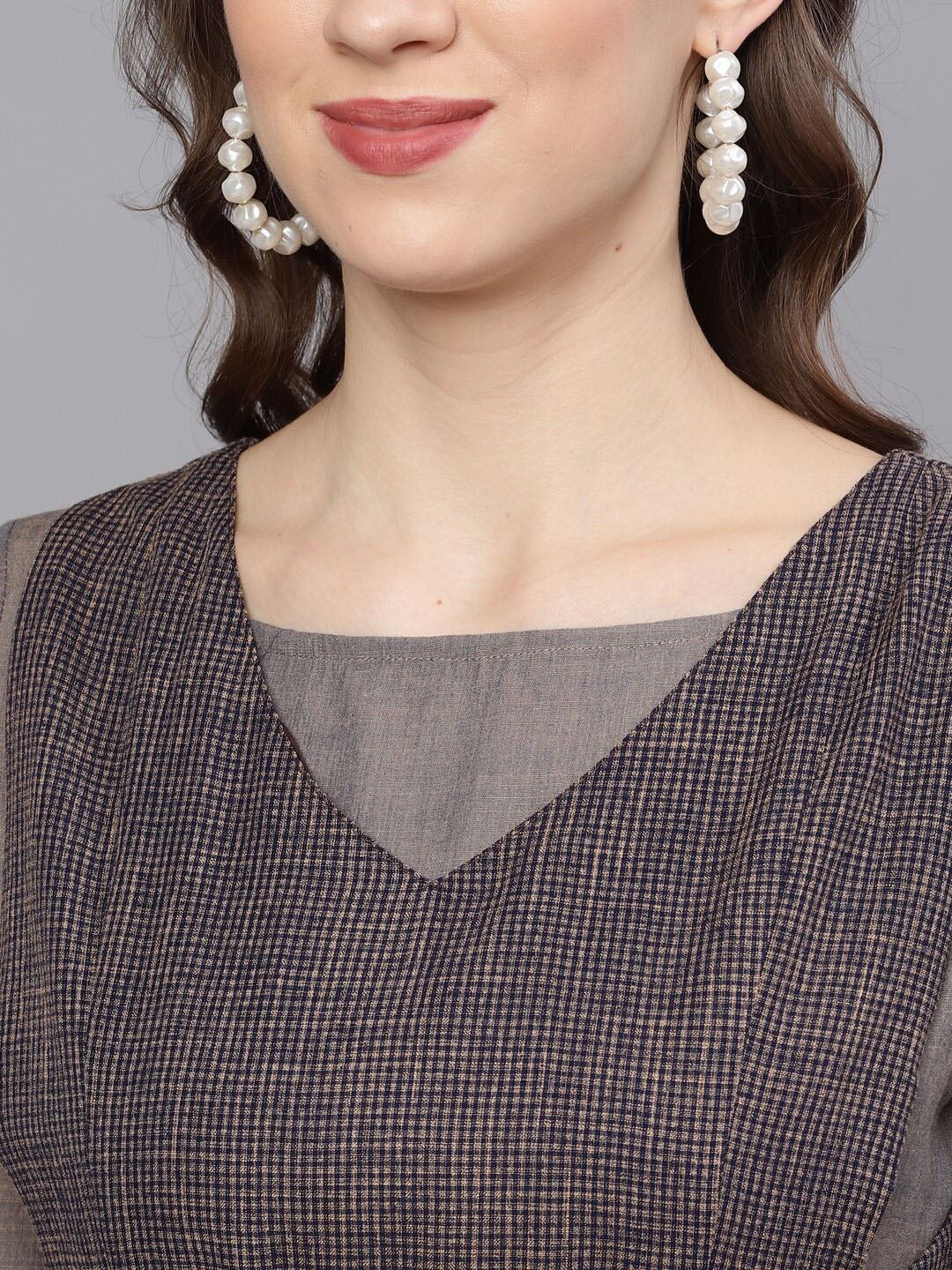 Women's  Grey & Blue Yoke Design A-Line Kurta
