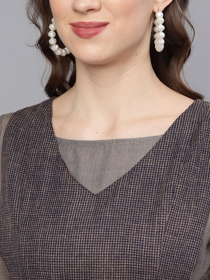 Women's  Grey & Blue Yoke Design A-Line Kurta