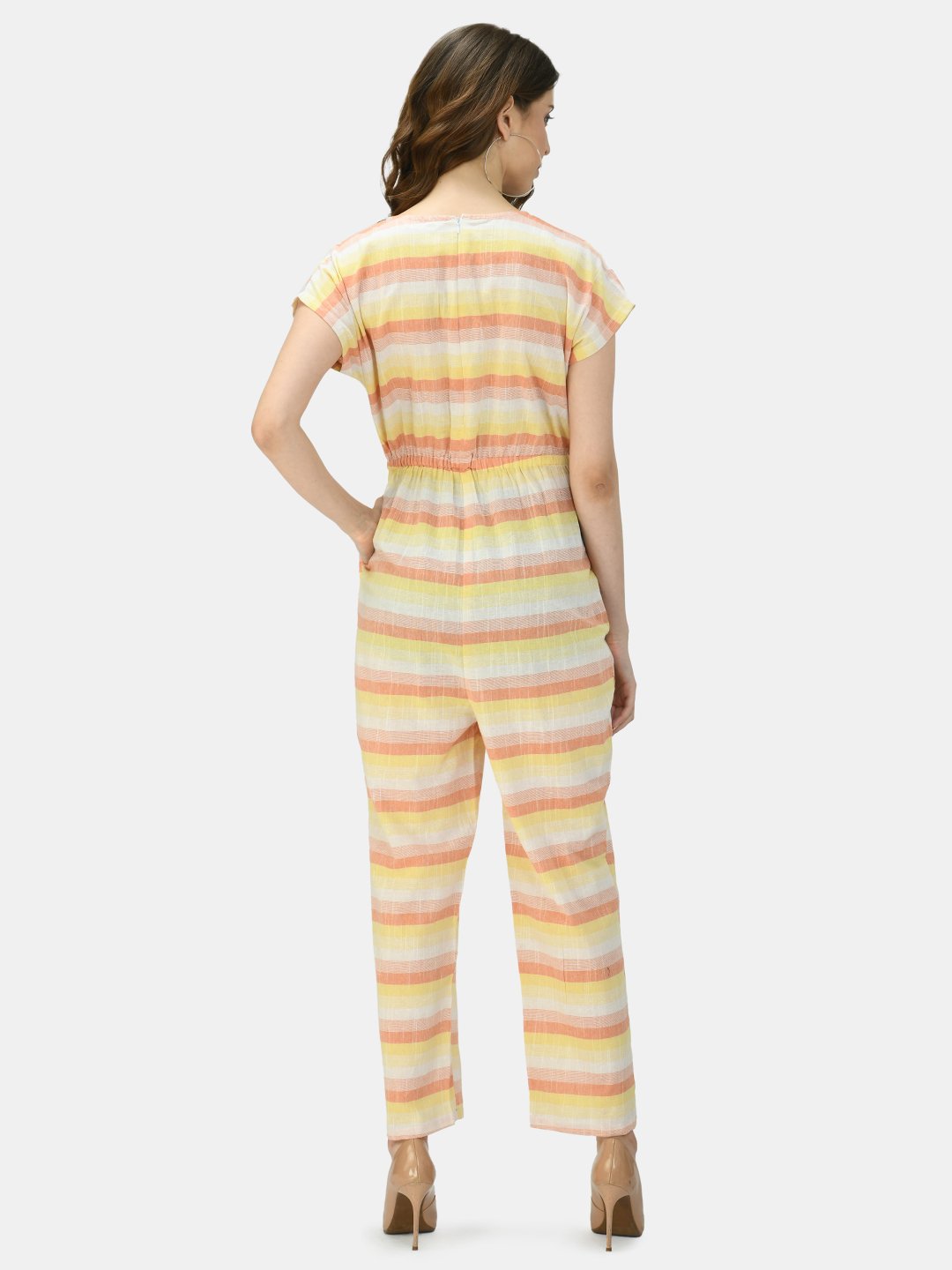 Women's Multicolor Cotton Printed Short Sleeve Round Neck Casual Jumpsuit