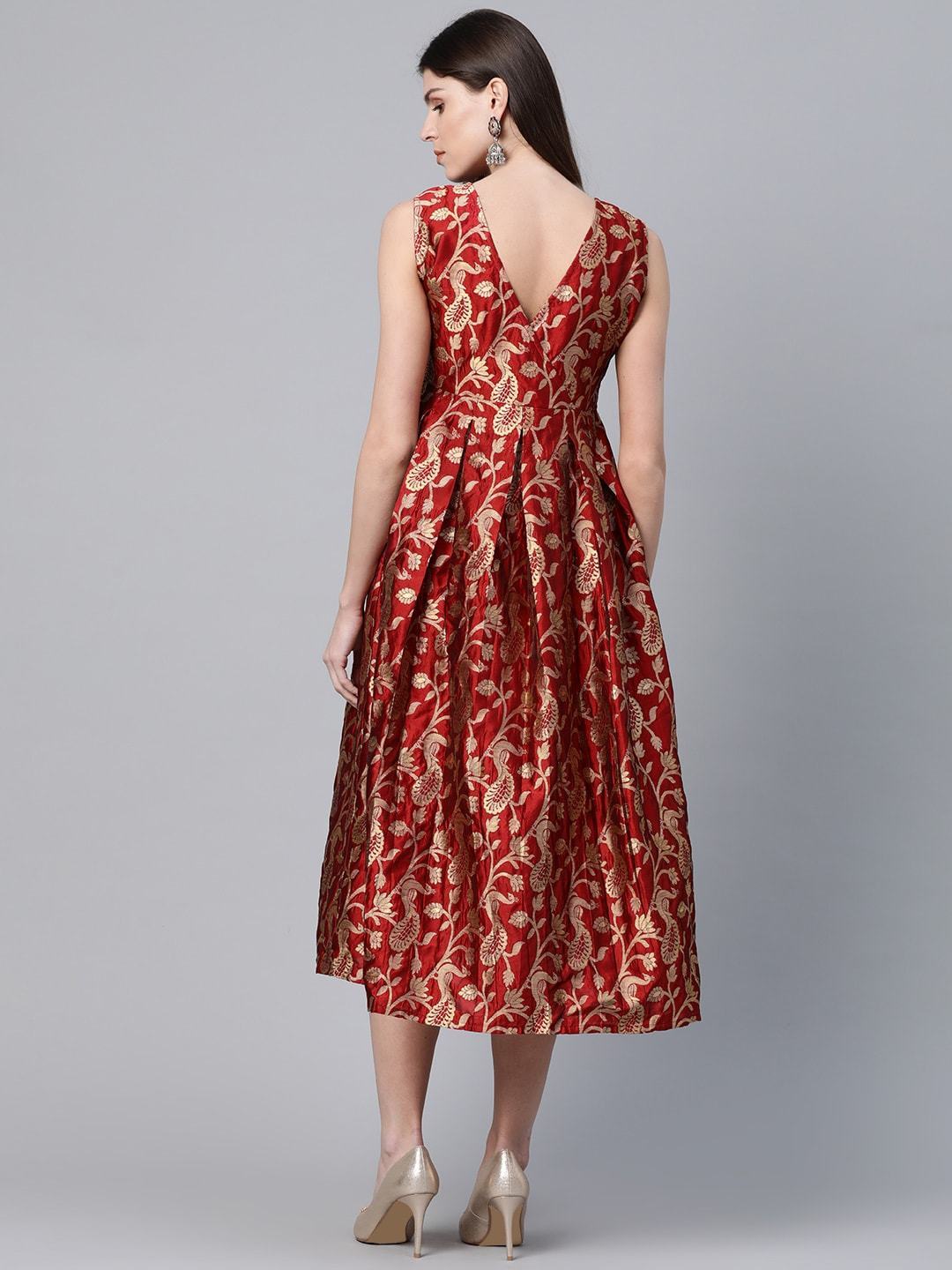Women's  Maroon & Golden Self Design Wrap Dress