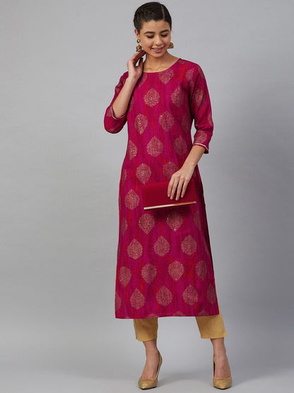 Women's Pink & Golden Printed Straight Dyed Kurta