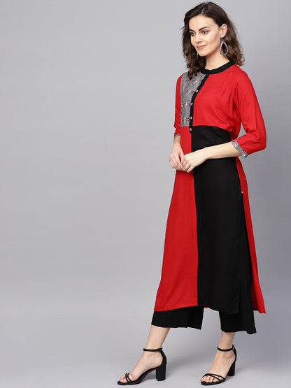 Women's Red & Black Ikat Handloom Colourblocked Straight Kurta