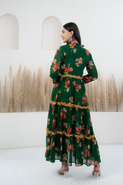 Womenâ€™s Green Floral Printed Long Dress by Myshka-