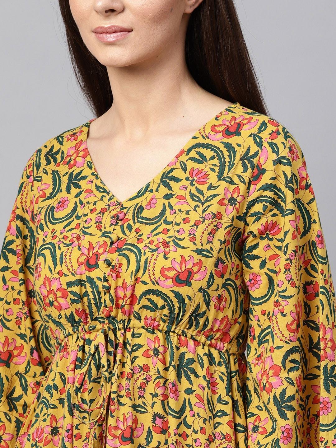 Women's  Mustard Yellow & Green Printed Maxi Dress