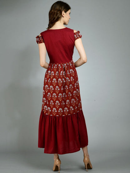 Women's Maroon Cotton Printed Sleeveless Round Neck Casual Dress