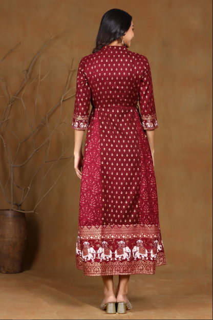 Women's Wine Rayon Printed Anarkali Dress