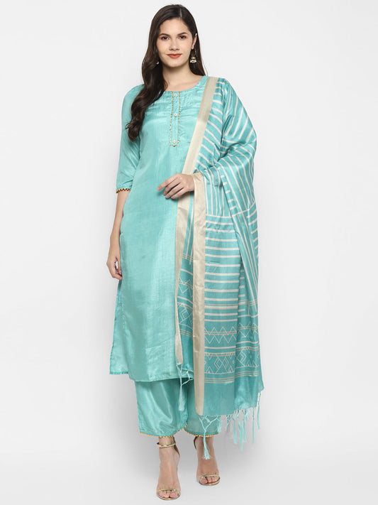 Women's Rama Color Silk Blend Straight Kurta Palazzo With Dupatta