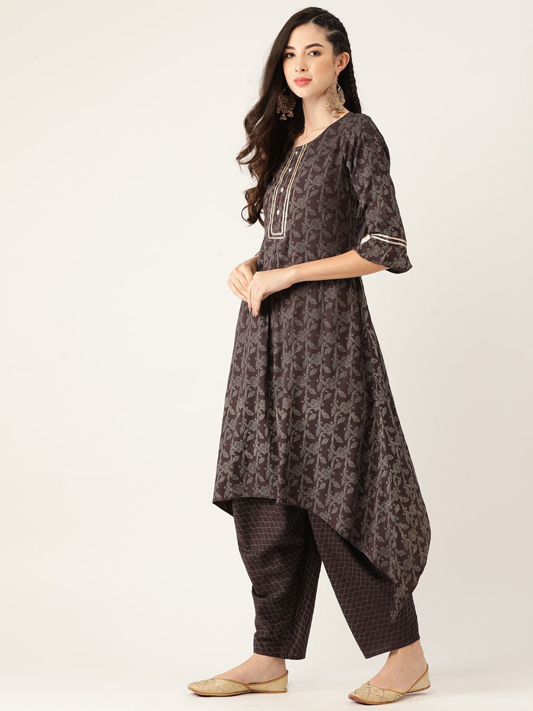 Women's Wine Color Rayon Blend Printed Kurta Dhoti Pant With Dupatta