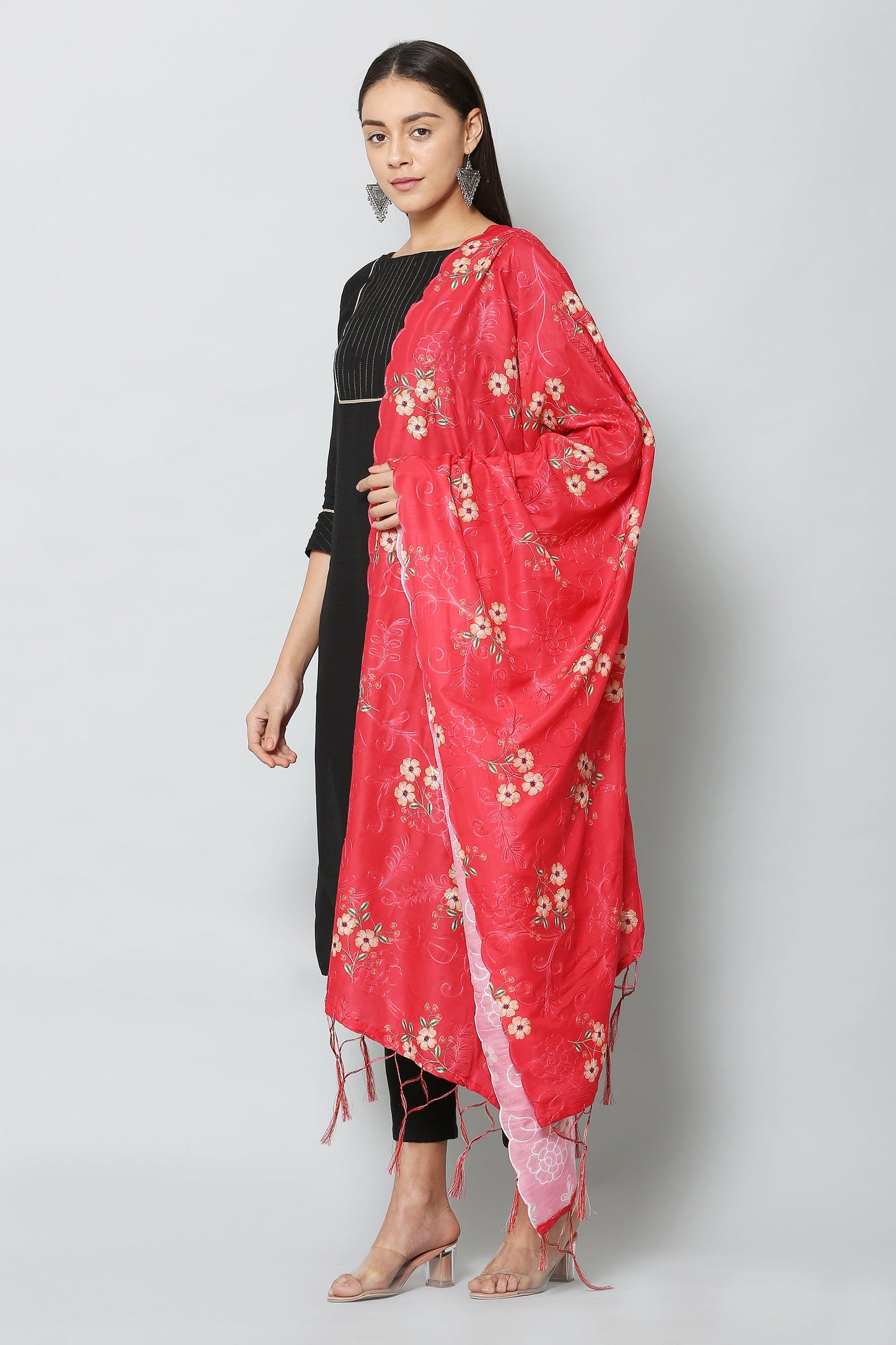 Women's Red Color Art Muslin Embroidery and Digital Printed Dupatta