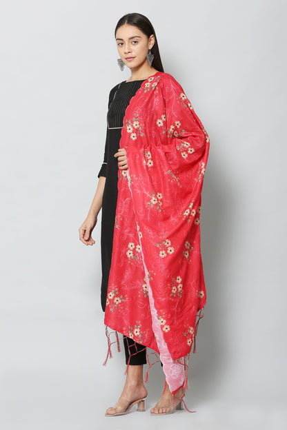 Women's Red Color Art Muslin Embroidery and Digital Printed Dupatta