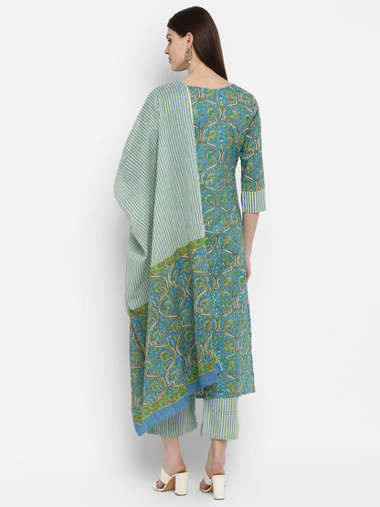 Women's Sky Blue Cotton Kurta With Palazzo & Dupatta By Vbuyz (3