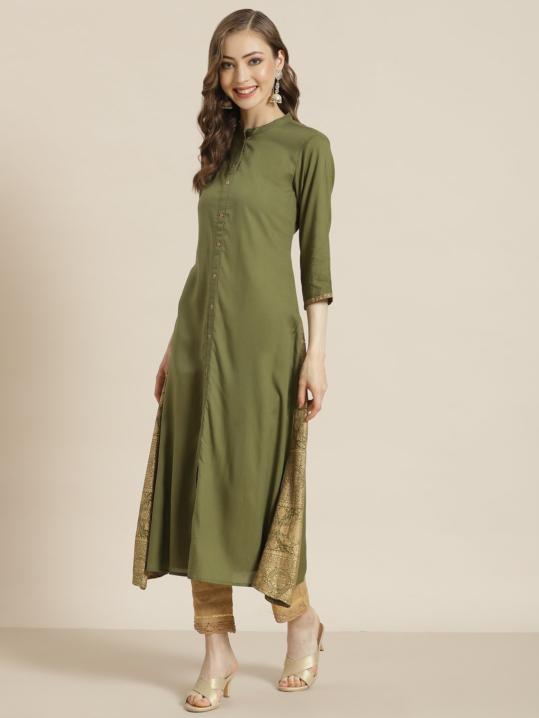 Women's Juniper Olive Rayon Printed A-Line Kurta