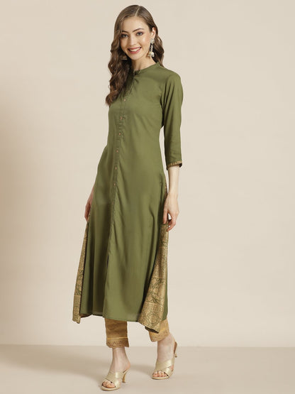 Women's Juniper Olive Rayon Printed A-Line Kurta