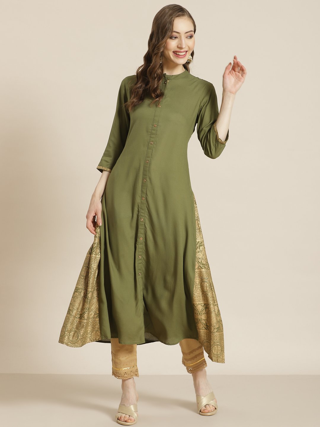 Women's Juniper Olive Rayon Printed A-Line Kurta