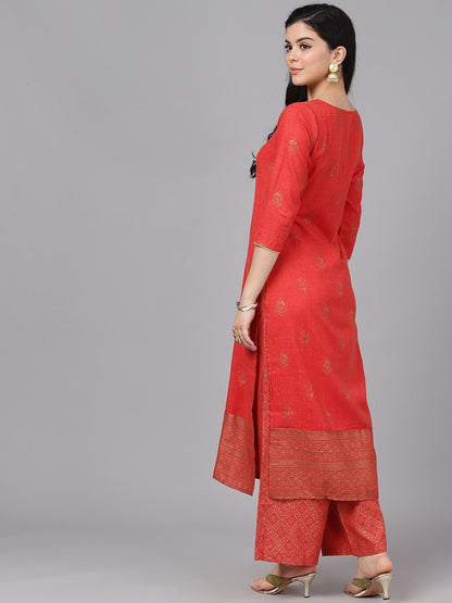Women's  Red & Gold-Toned Printed Kurta with Palazzos