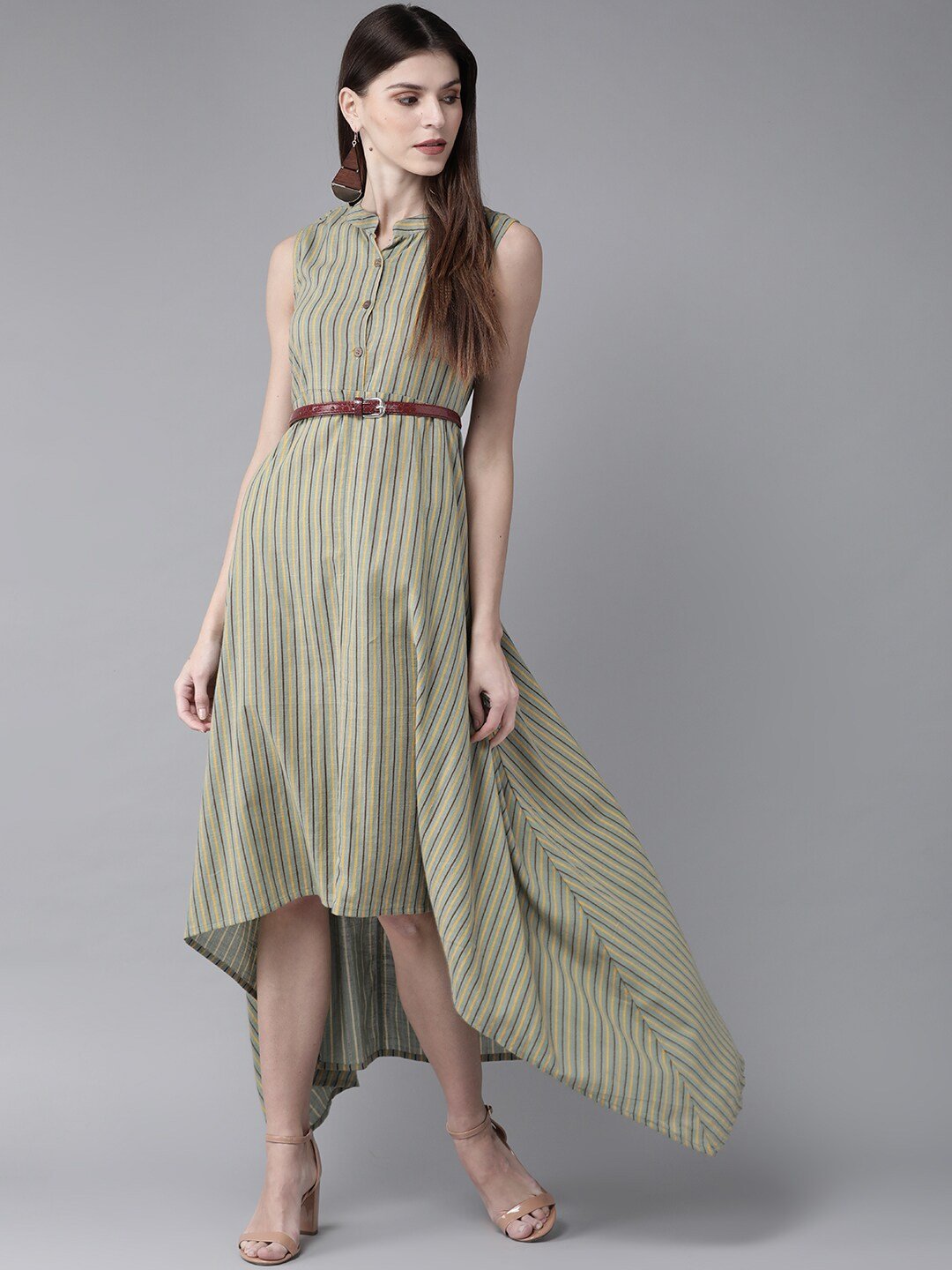 Women's  Green & Yellow Striped Maxi Dress