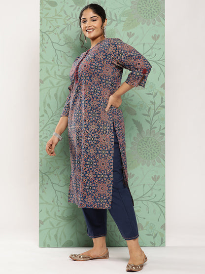 Women's Blue Ethnic Motifs Straight Kurta Trouser Set