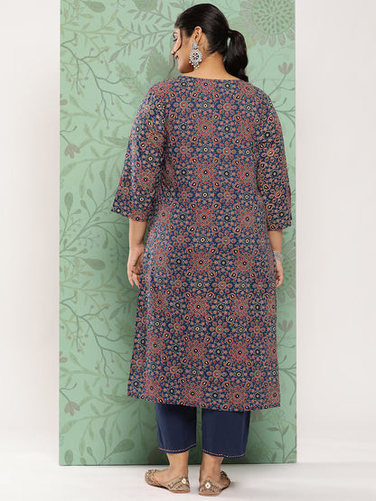 Women's Blue Ethnic Motifs Straight Kurta Trouser Set