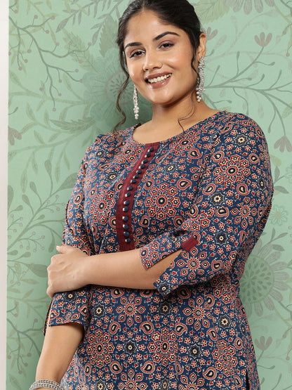 Women's Blue Ethnic Motifs Straight Kurta Trouser Set