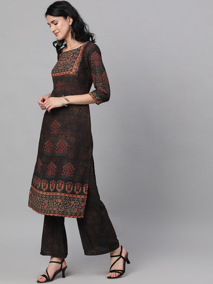 Women's  Brown & Black Printed Kurta with Palazzos