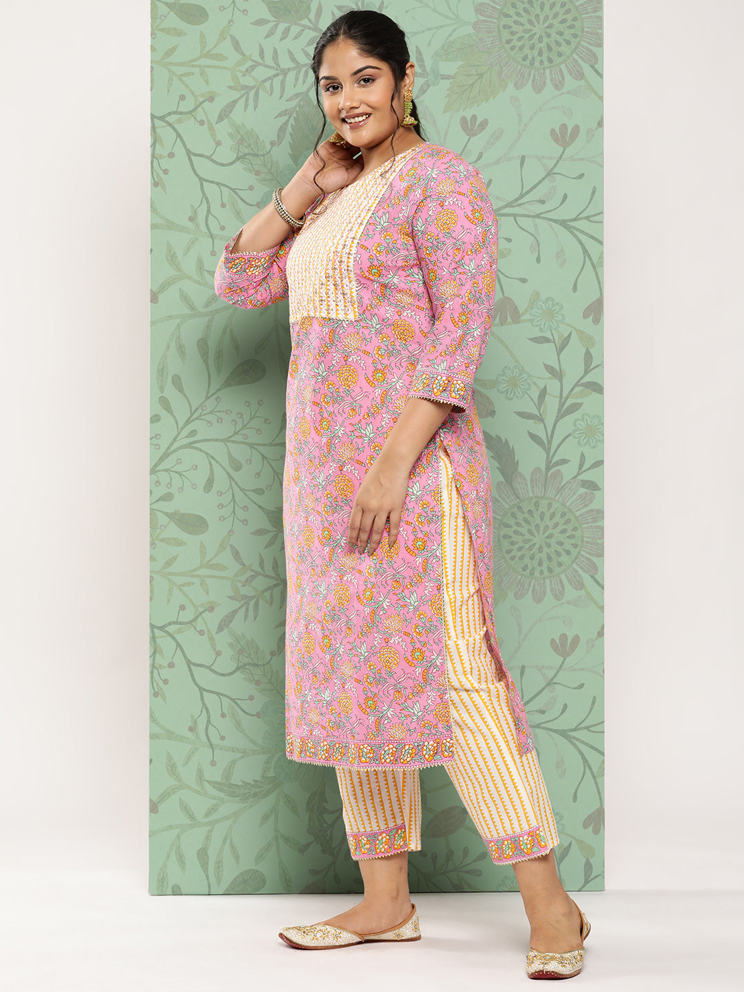 Women's Pink & Yellow Handblock Printed Cotton Kurta With Trousers & Dupatta