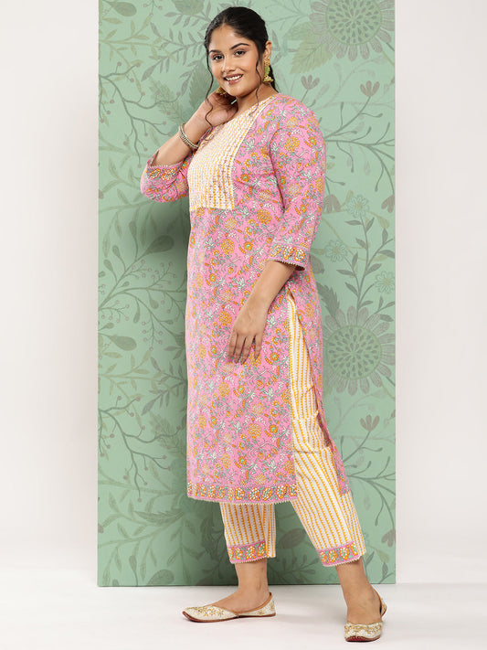 Women's Pink & Yellow Handblock Printed Cotton Kurta With Trousers & Dupatta