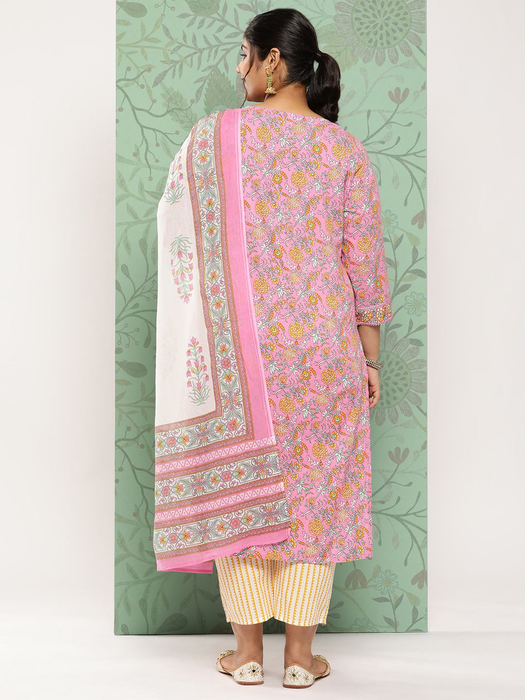 Women's Pink & Yellow Handblock Printed Cotton Kurta With Trousers & Dupatta